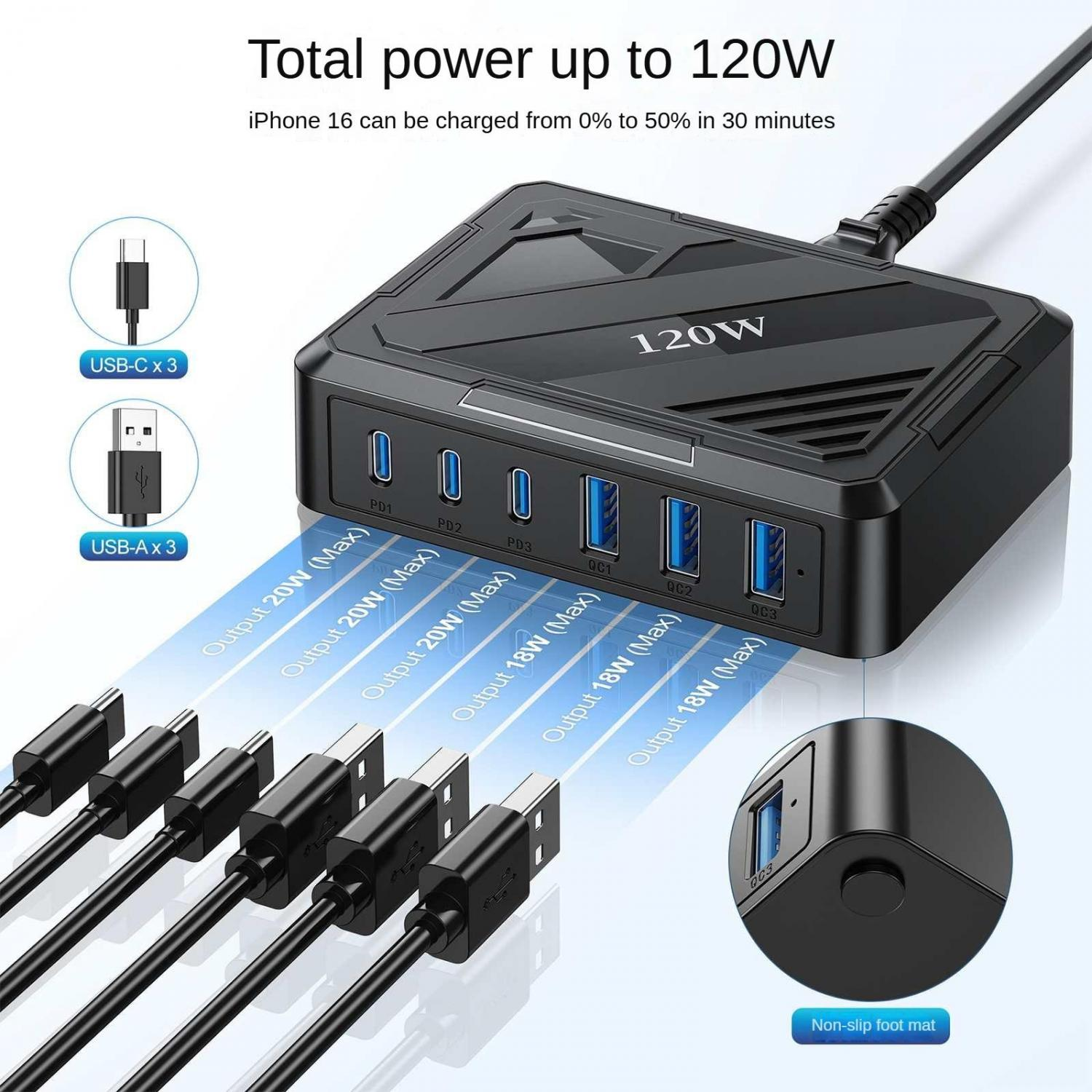 Schwarzer 120W USB-Ladegerät mit 6 Anschlüssen und Kabeln.
