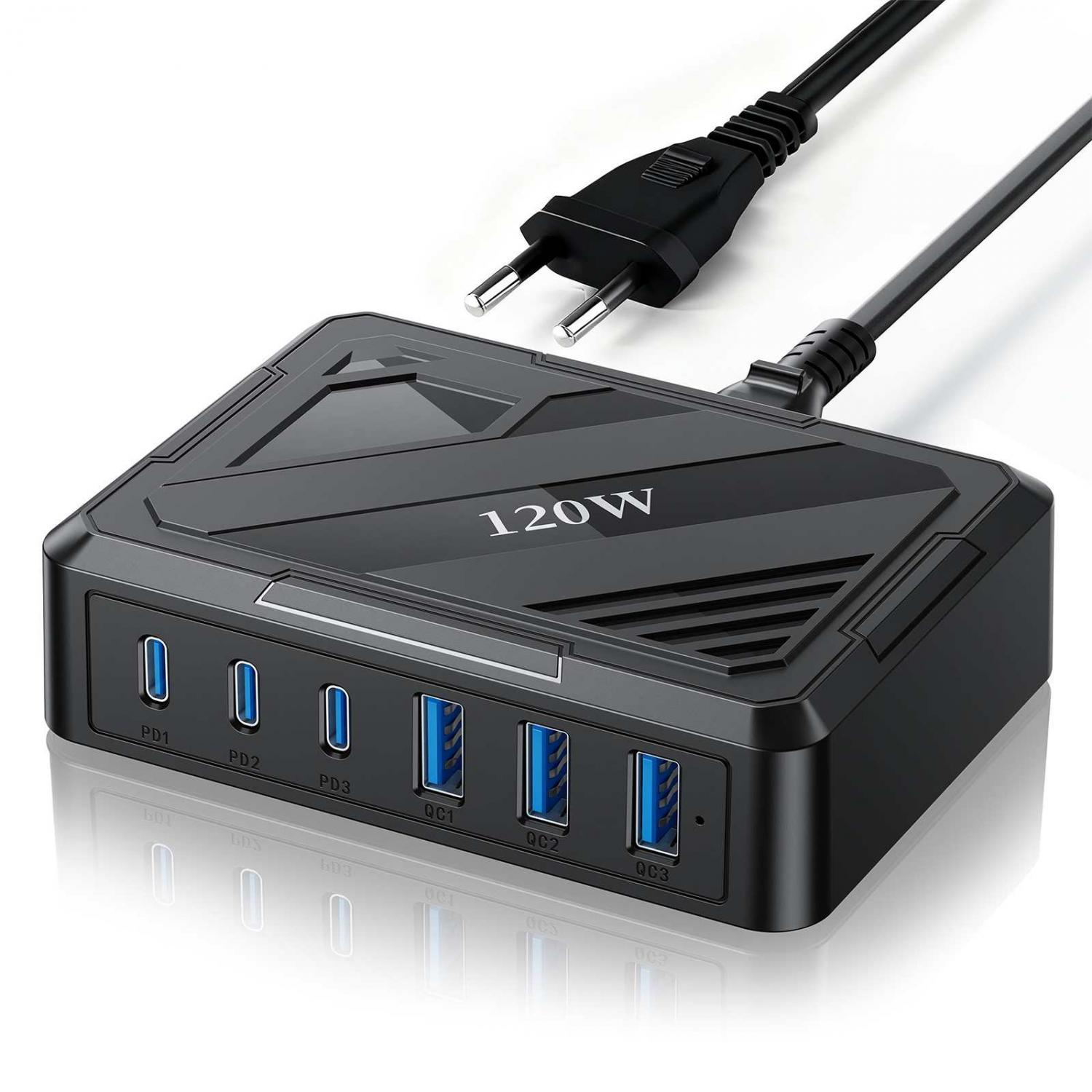 Schwarzer 120W USB-Ladegerät mit 3 PD- und 3 QC-Anschlüssen und einem Netzstecker.