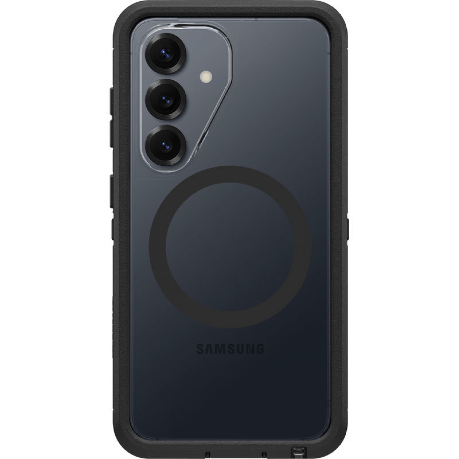 Smartphone nero con tre fotocamere e anello magnetico, su sfondo bianco.