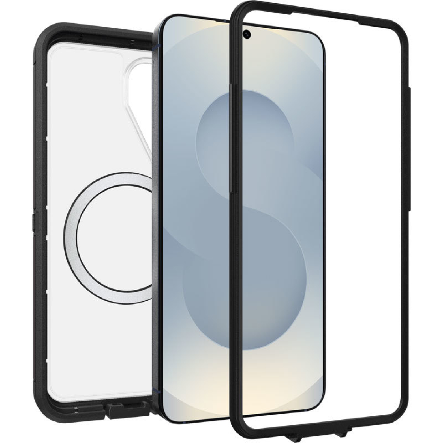Custodia nera per telefono con retro trasparente che mostra un anello magnetico.