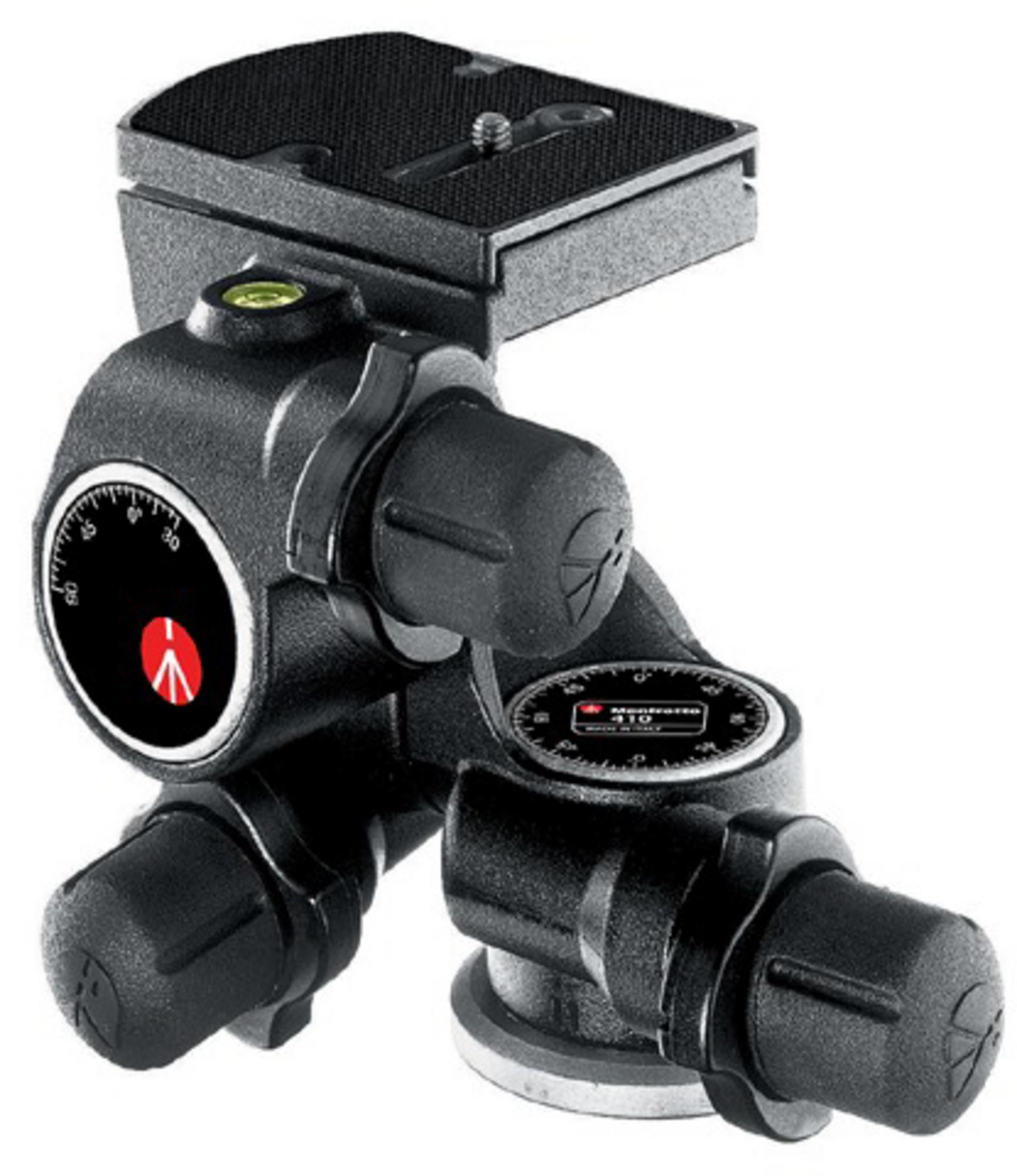 Ein schwarzer Manfrotto 410 Kugelkopf mit Schnellwechselplatte und Wasserwaage.