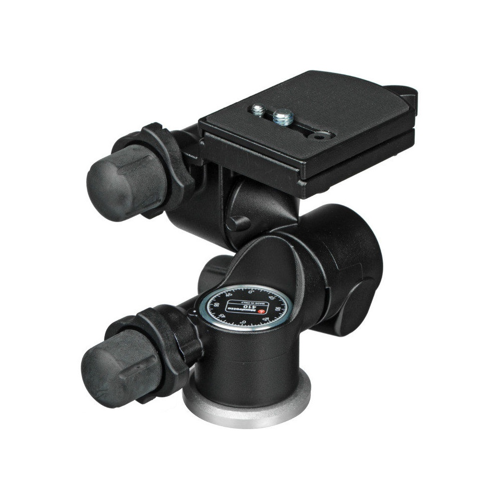 Ein schwarzer Kamerakopf mit Drehknöpfen und einer Schnellwechselplatte.