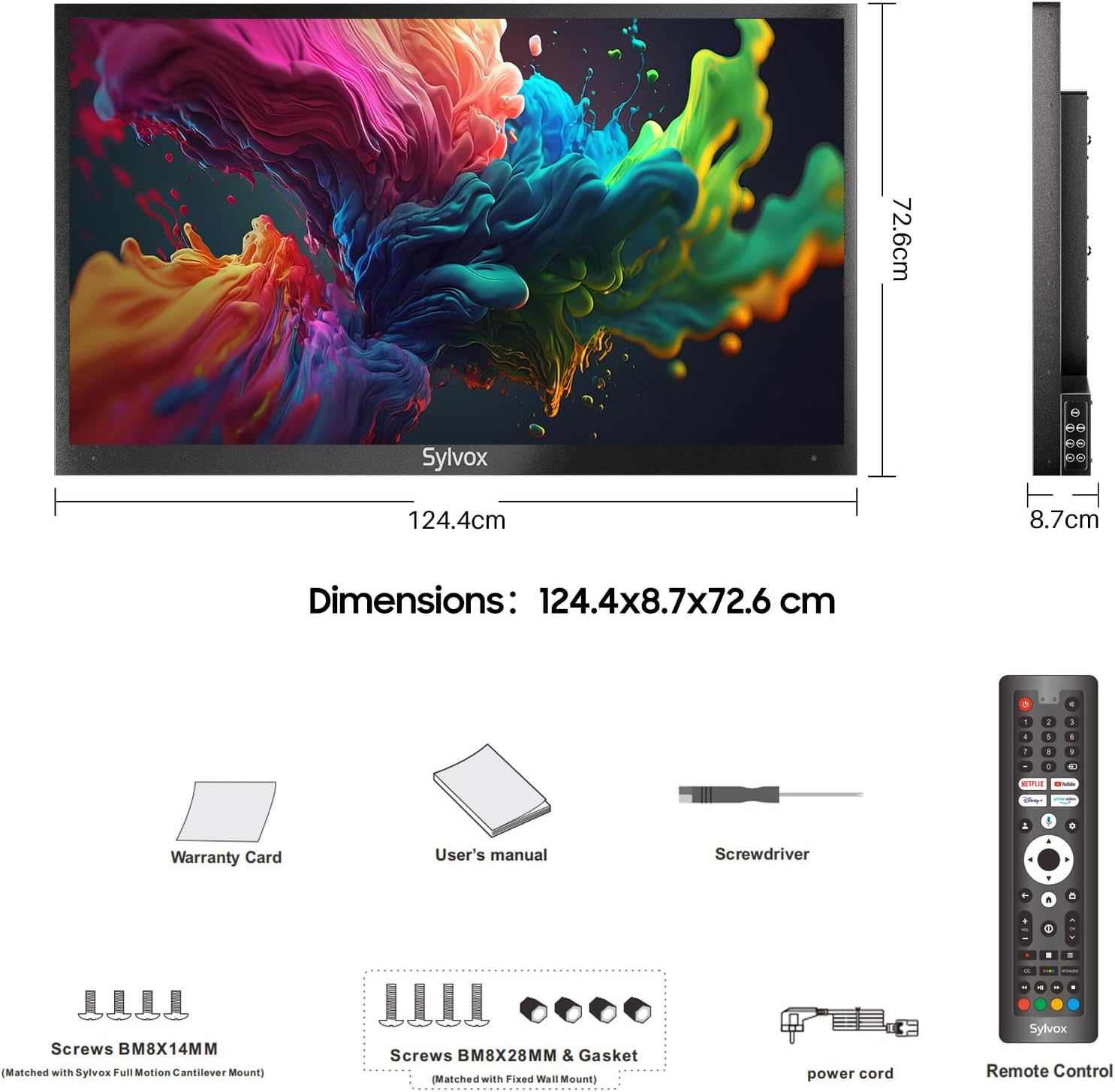 Fernseher mit abstrakter Kunst, Abmessungen, Fernbedienung, Schrauben, Handbuch, Garantiekarte, Schraubendreher.