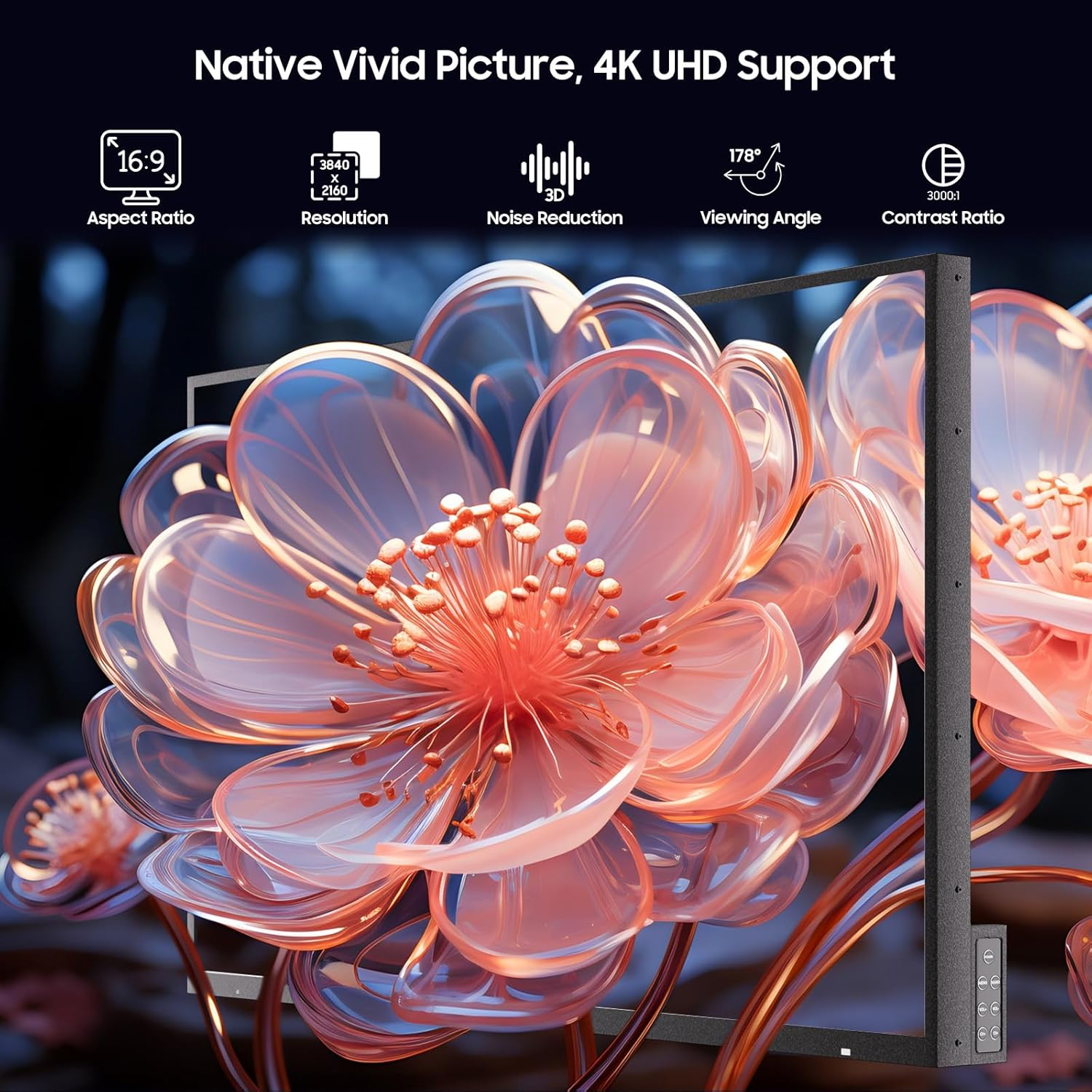 Ein Bildschirm zeigt eine pinke, durchscheinende Blume mit 4K UHD-Merkmalen.