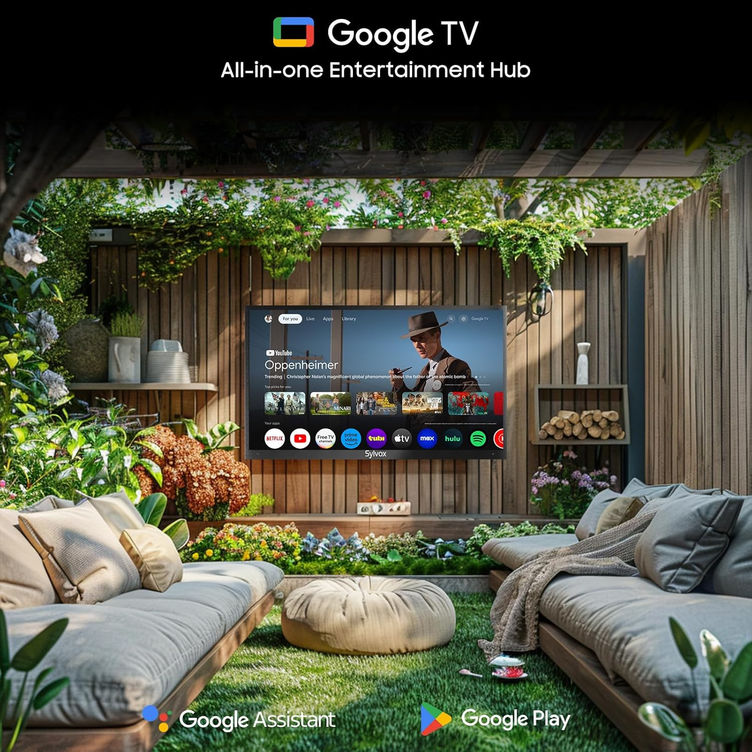Ein moderner Außenbereich mit einem Fernseher, der Google TV zeigt, umgeben von Pflanzen.