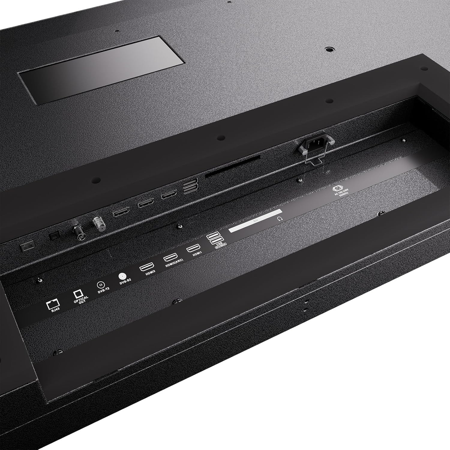 Rückseite eines Fernsehers mit Anschlüssen wie RJ45, HDMI und USB.