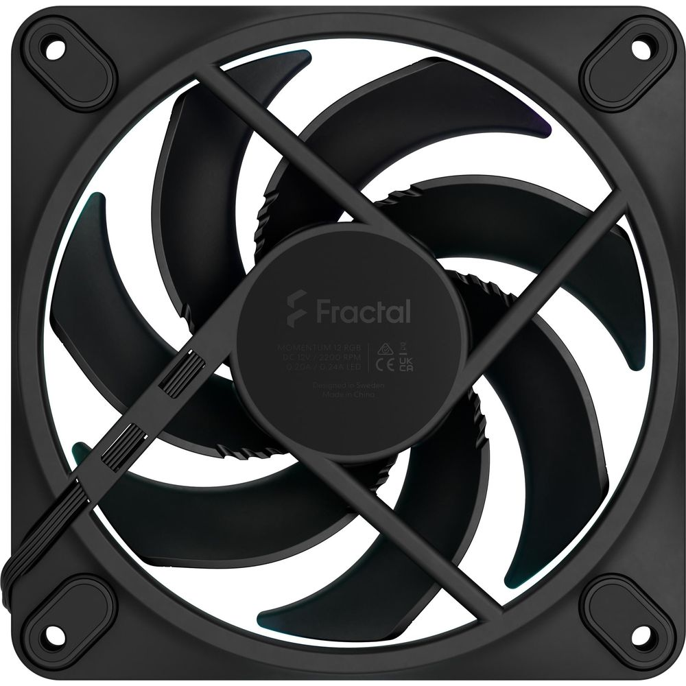 Schwarzer Computerlüfter mit Fractal-Logo und RGB-Beleuchtung.