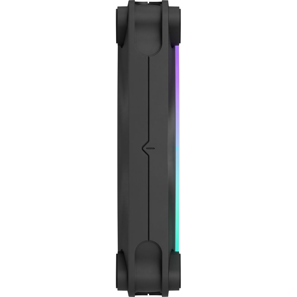 Ein schwarzer Lüfter mit RGB-Beleuchtung an der Seite.