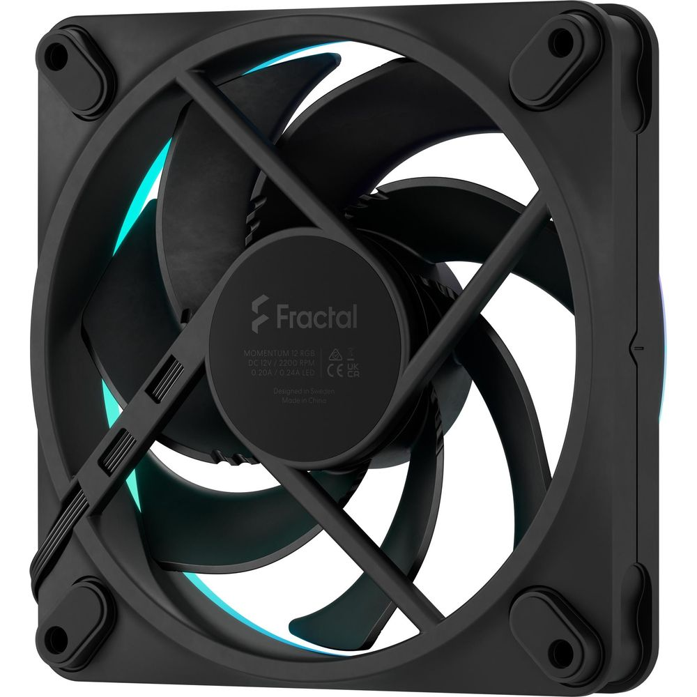 Schwarzer PC-Lüfter mit blauen Lichtern und Fractal-Logo.