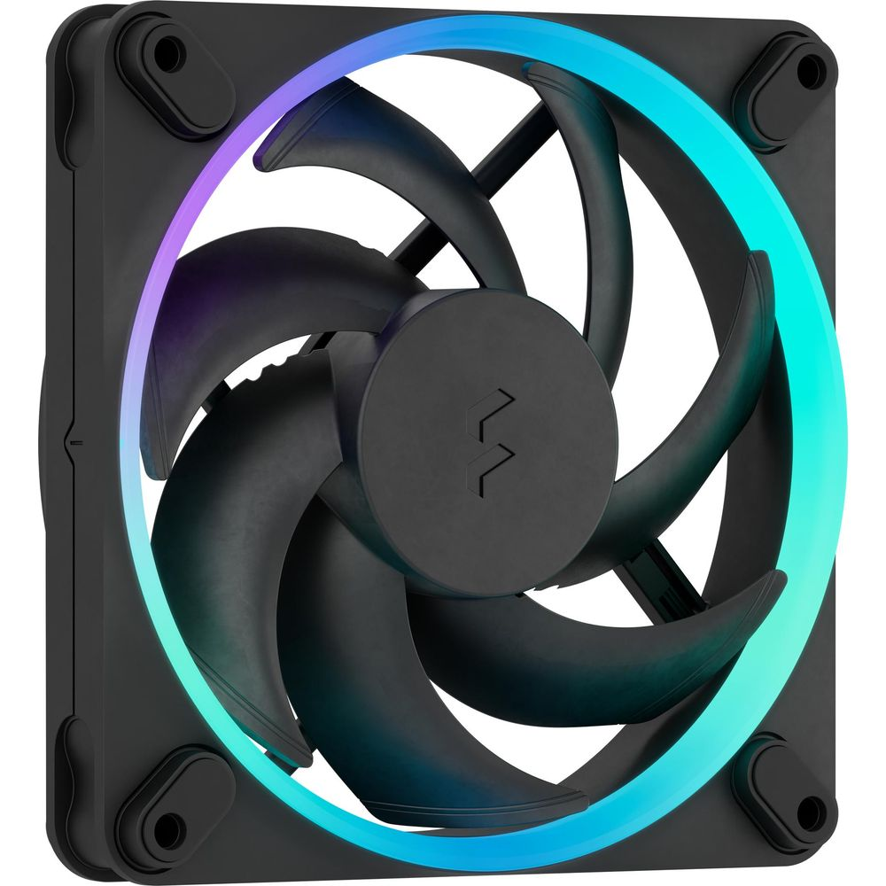 Ein schwarzer Computerlüfter mit RGB-Beleuchtung auf den Rotorblättern.