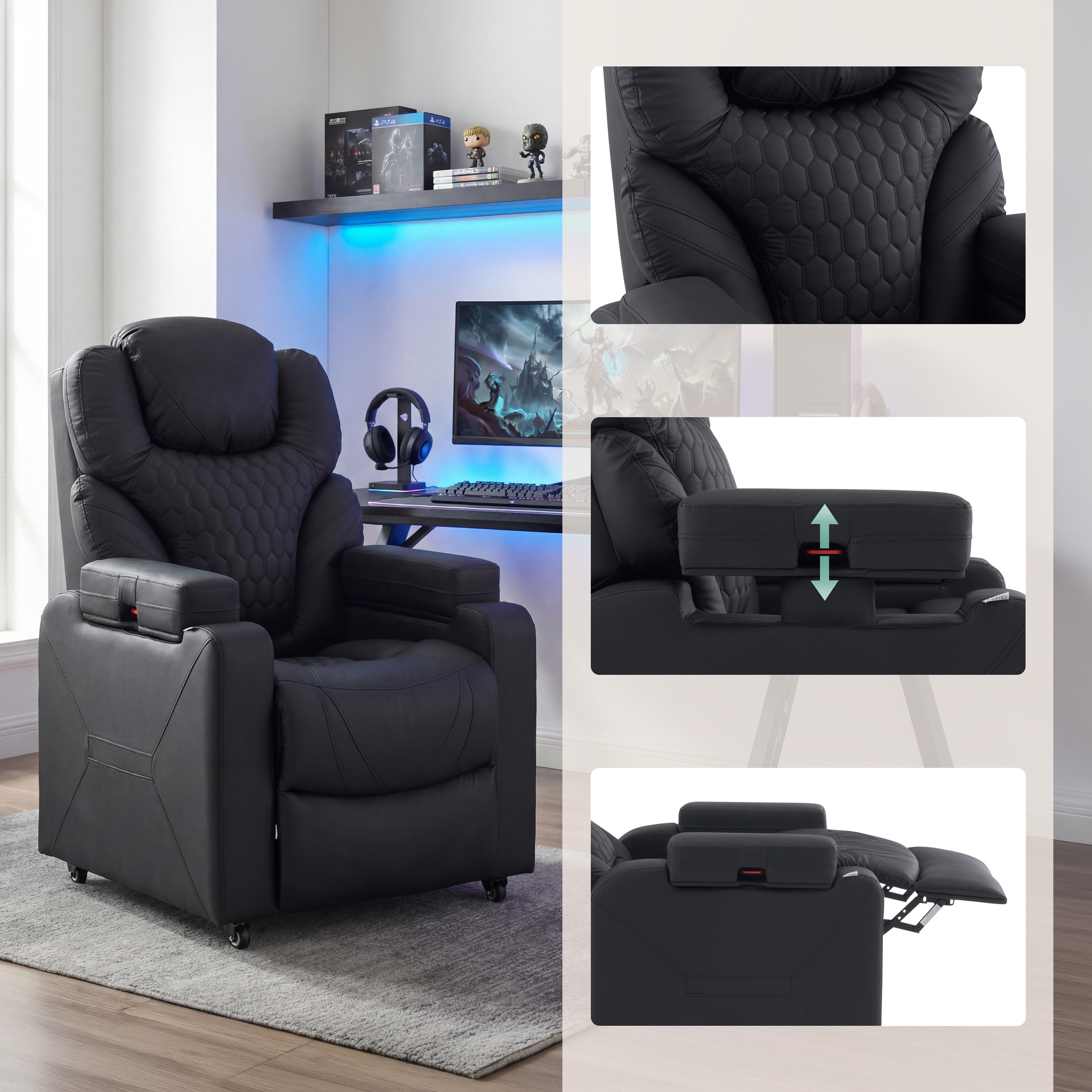 Schwarzer Gaming-Sessel mit detaillierten Nähten und verstellbarer Fußstütze.