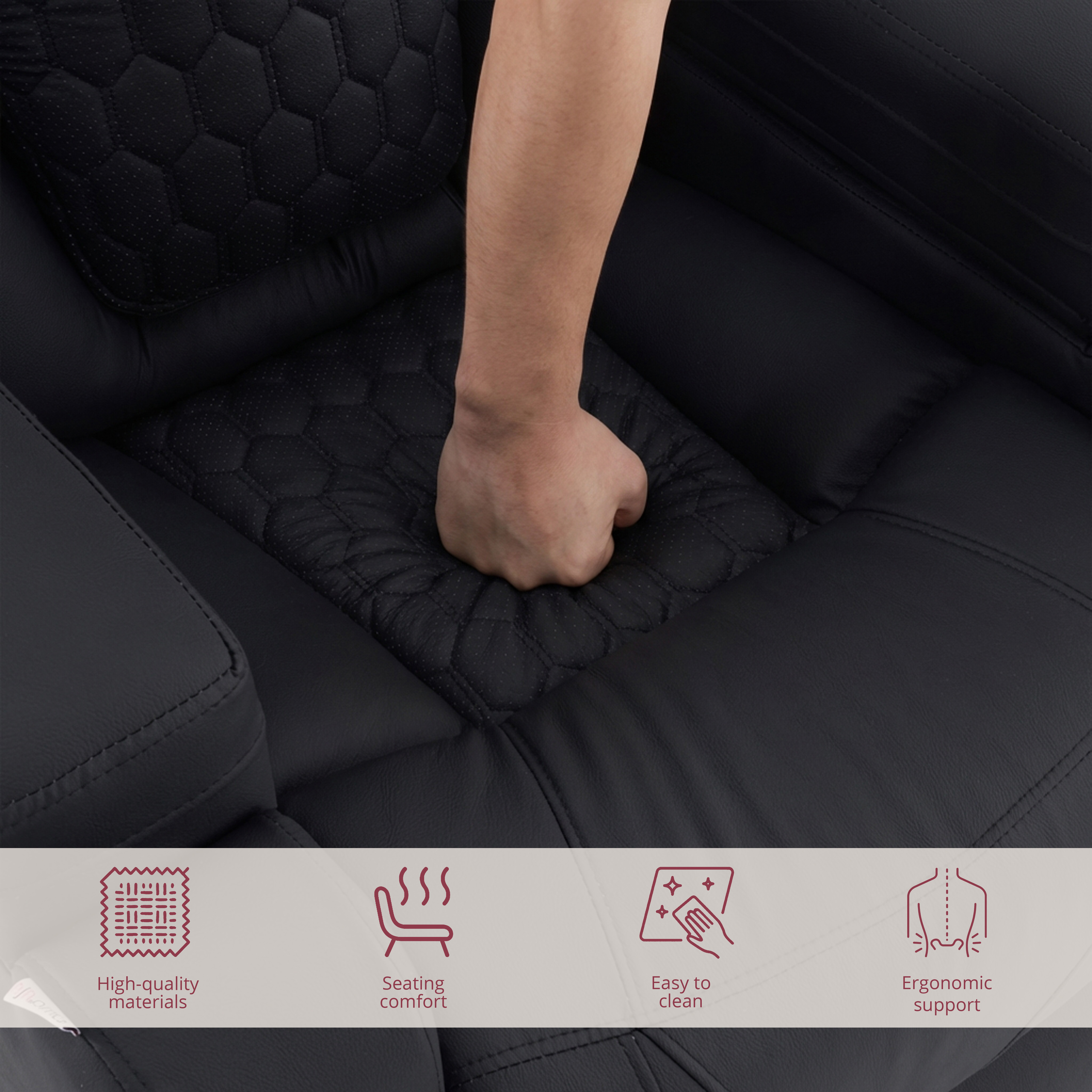 Hand drückt auf schwarzen gepolsterten Sitz. Icons: Material, Komfort, Reinigung, Ergonomie.