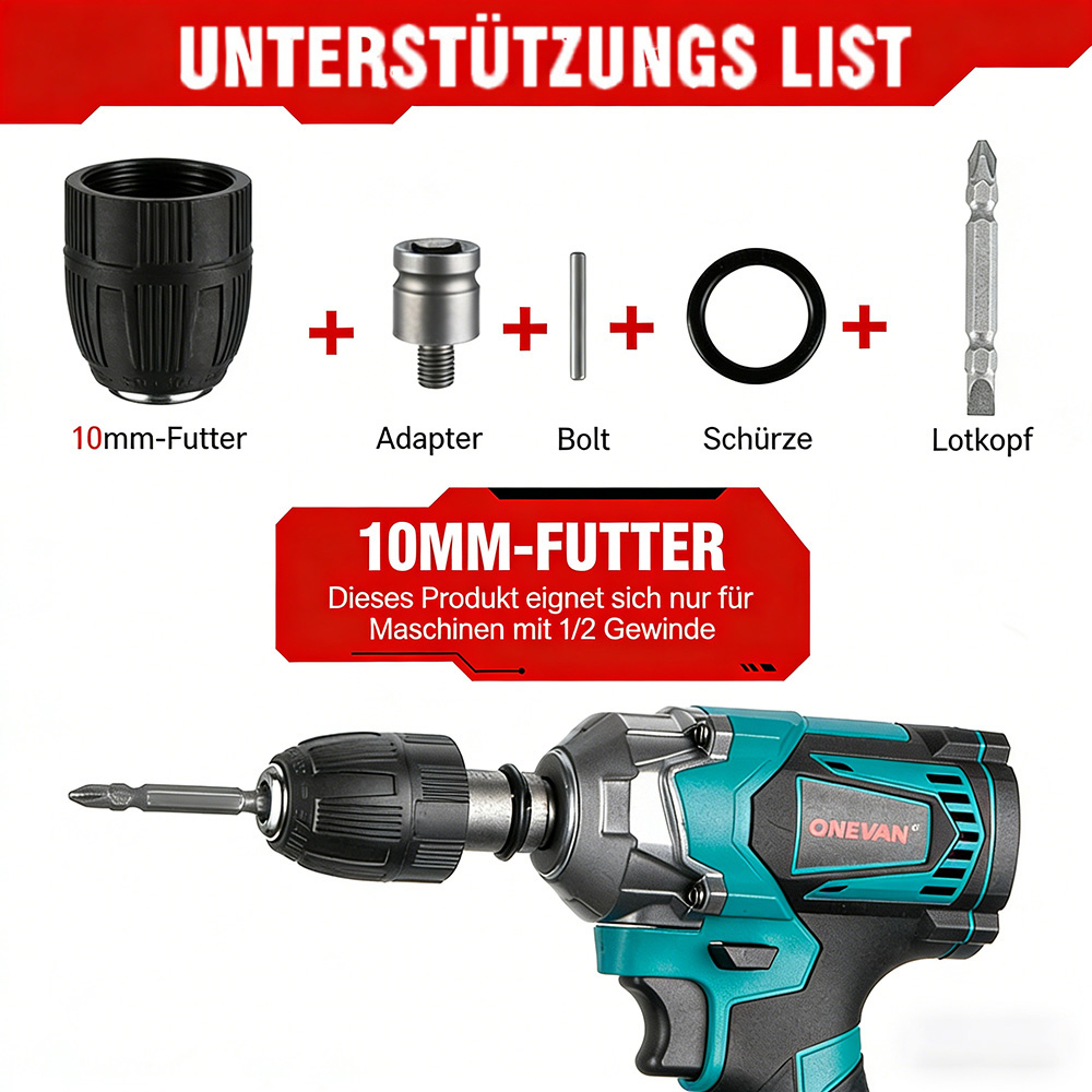 Werkzeugliste: 10mm Futter, Adapter, Bolzen, Ring, Bit und Bohrmaschine.
