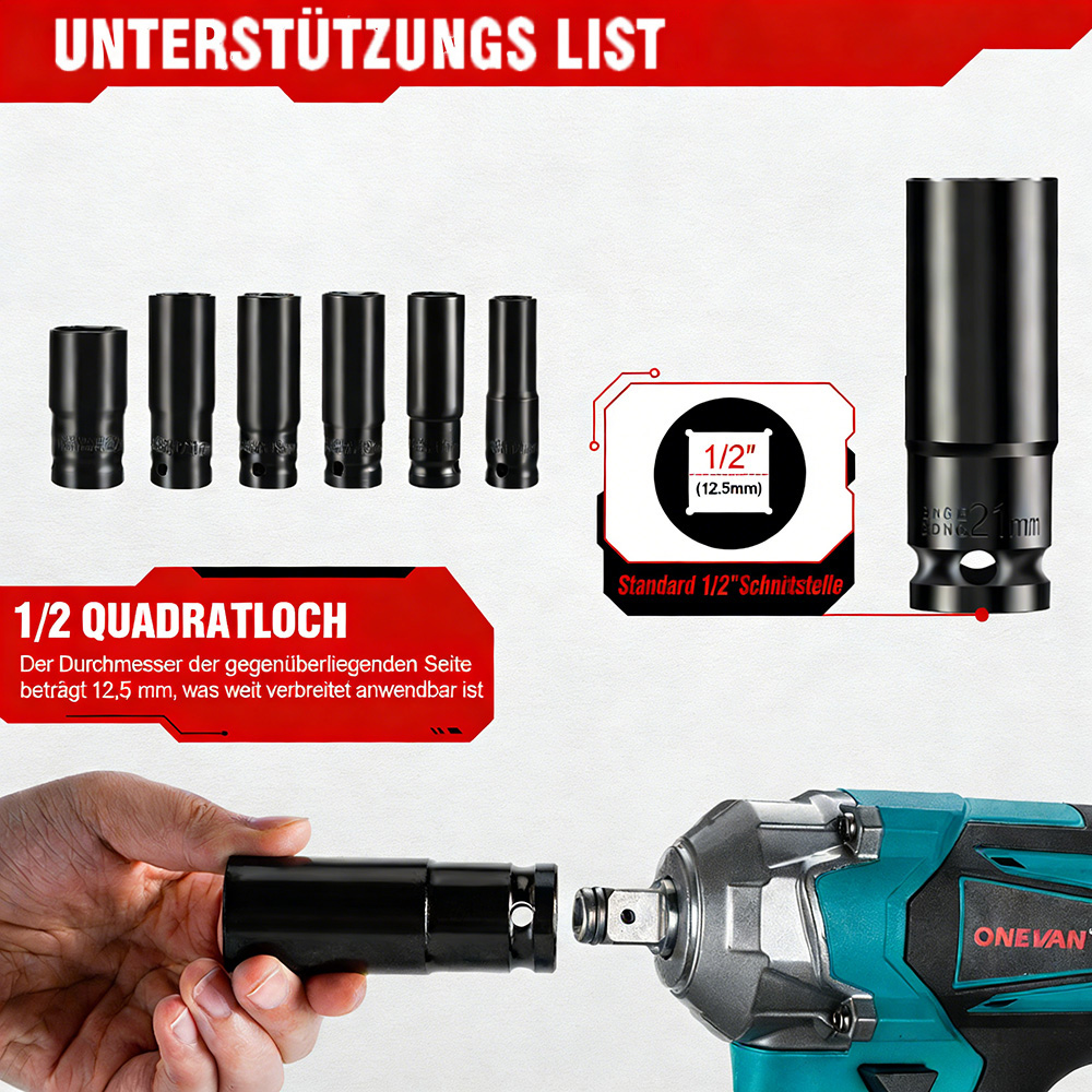 Werkzeug-Set mit verschiedenen Steckschlüsseln und einem Schlagschrauber.
