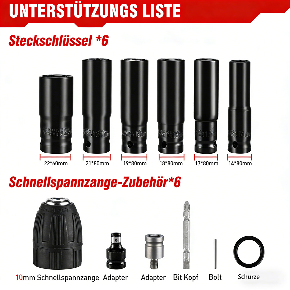 Sechs schwarze Steckschlüssel, dann ein Bohrfutter, zwei Adapter, ein Bit, ein Bolzen und ein Ring.