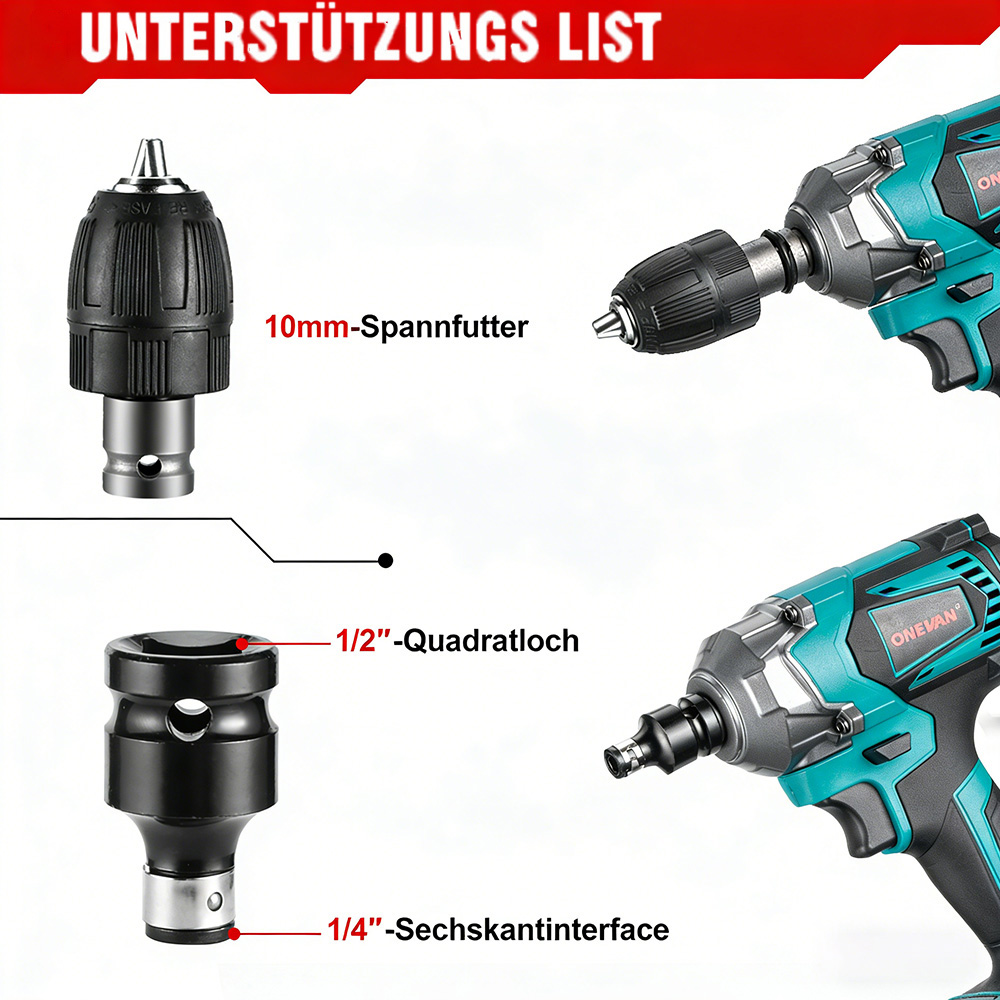 Bohrfutter, Adapter und Schlagschrauber mit Beschriftungen.