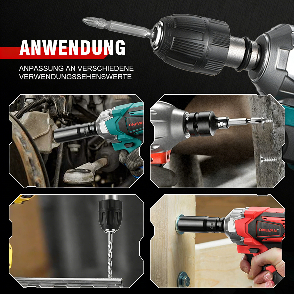 Bohrer und Schrauber in verschiedenen Anwendungen: Auto, Holz und Metall.