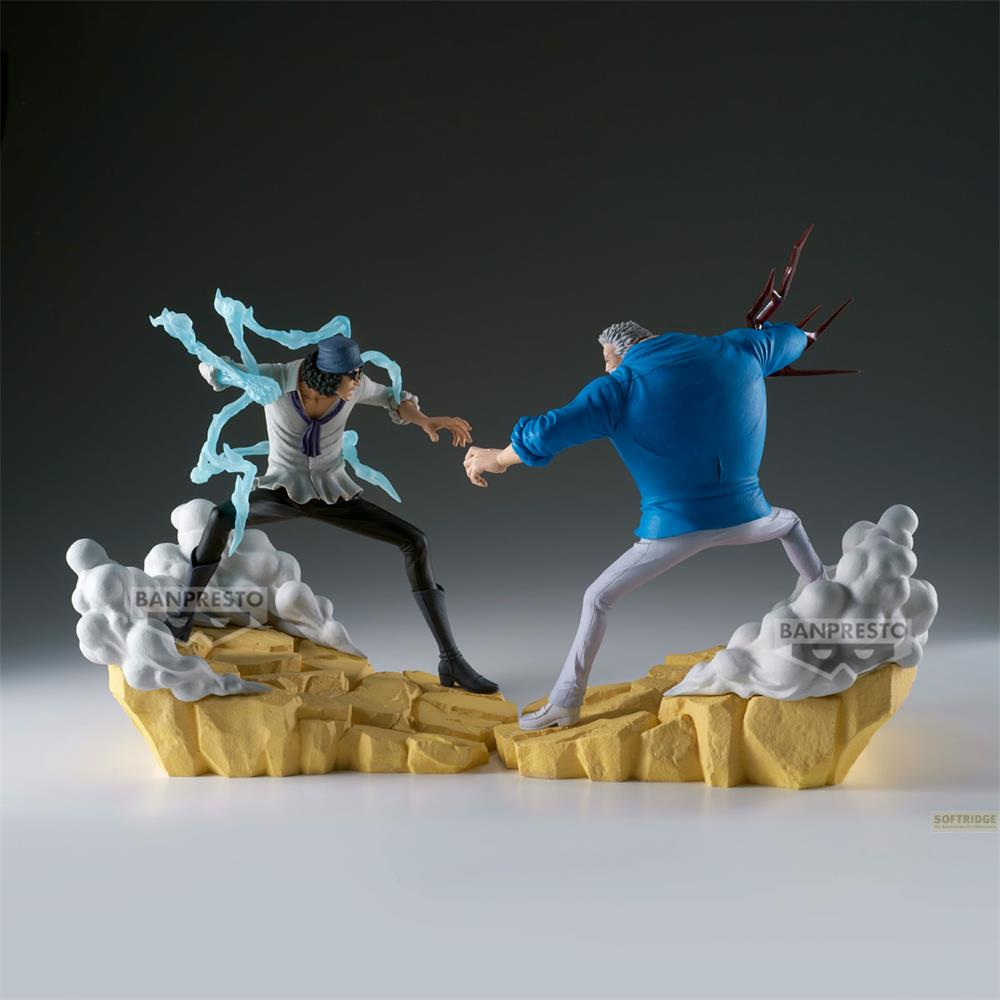 Zwei Anime-Figuren in dynamischer Pose auf gelben Felsen mit blauen Blitzen und weißem Rauch.