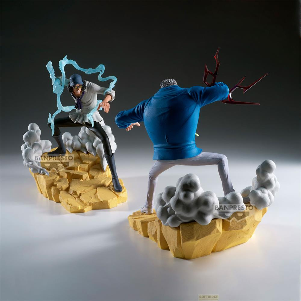 Zwei Actionfiguren auf gelben Felsen mit Rauch. Eine Figur mit blauer Energie, die andere mit roten Dornen.