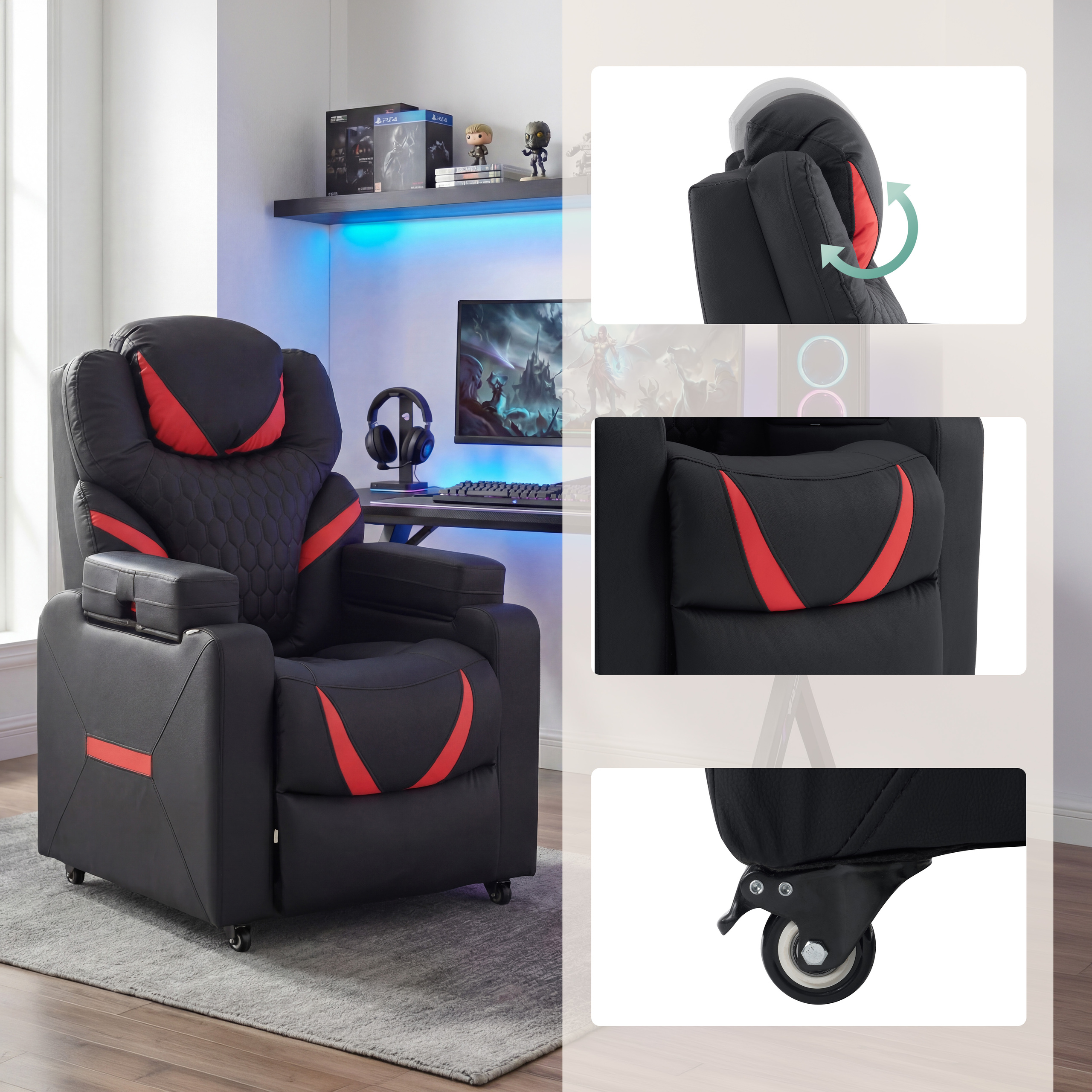 Ein schwarzer Gaming-Sessel mit roten Akzenten und verstellbarer Kopfstütze.
