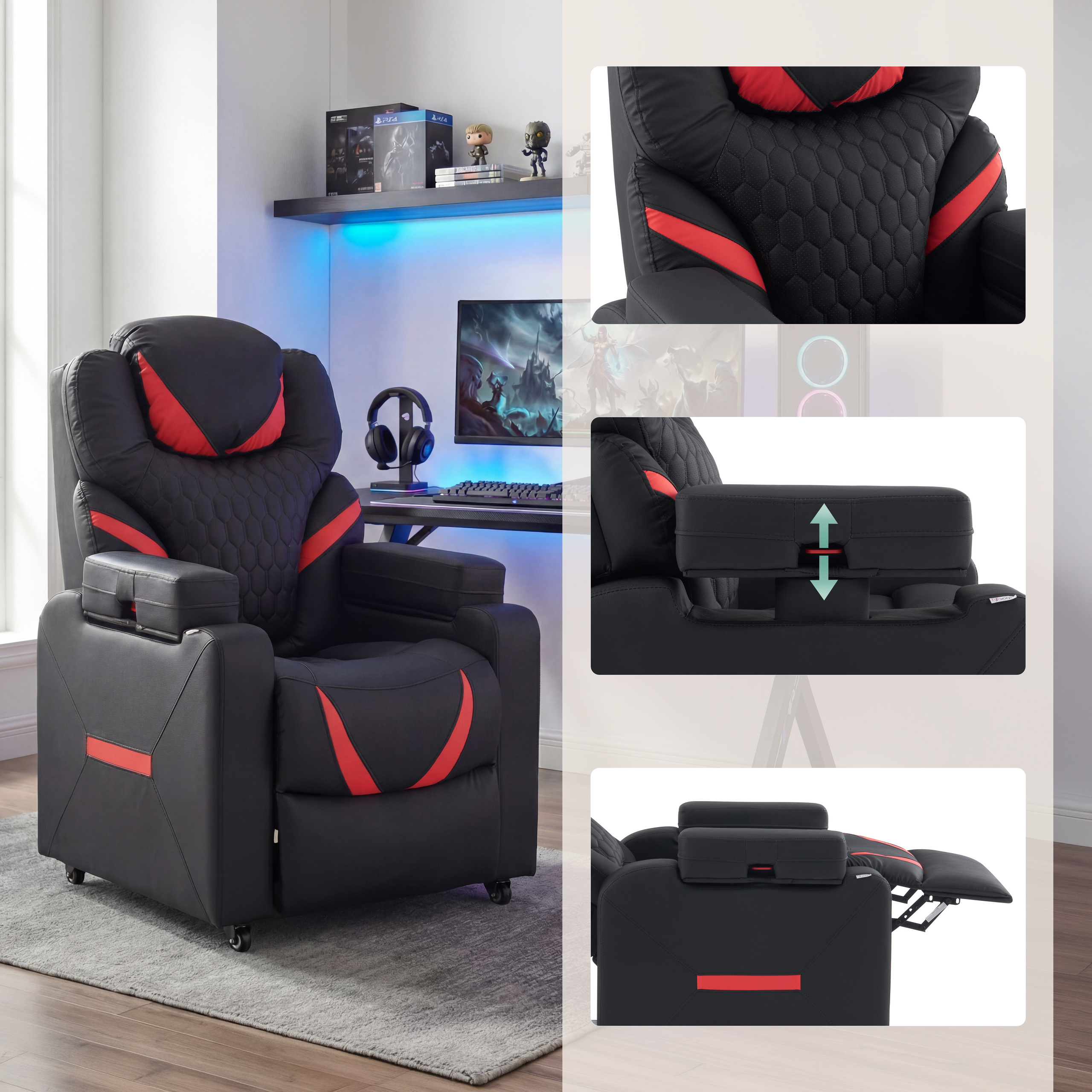 Ein schwarzer und roter Gaming-Stuhl mit detaillierten Nähten und verstellbarer Kopfstütze/Armlehnen.