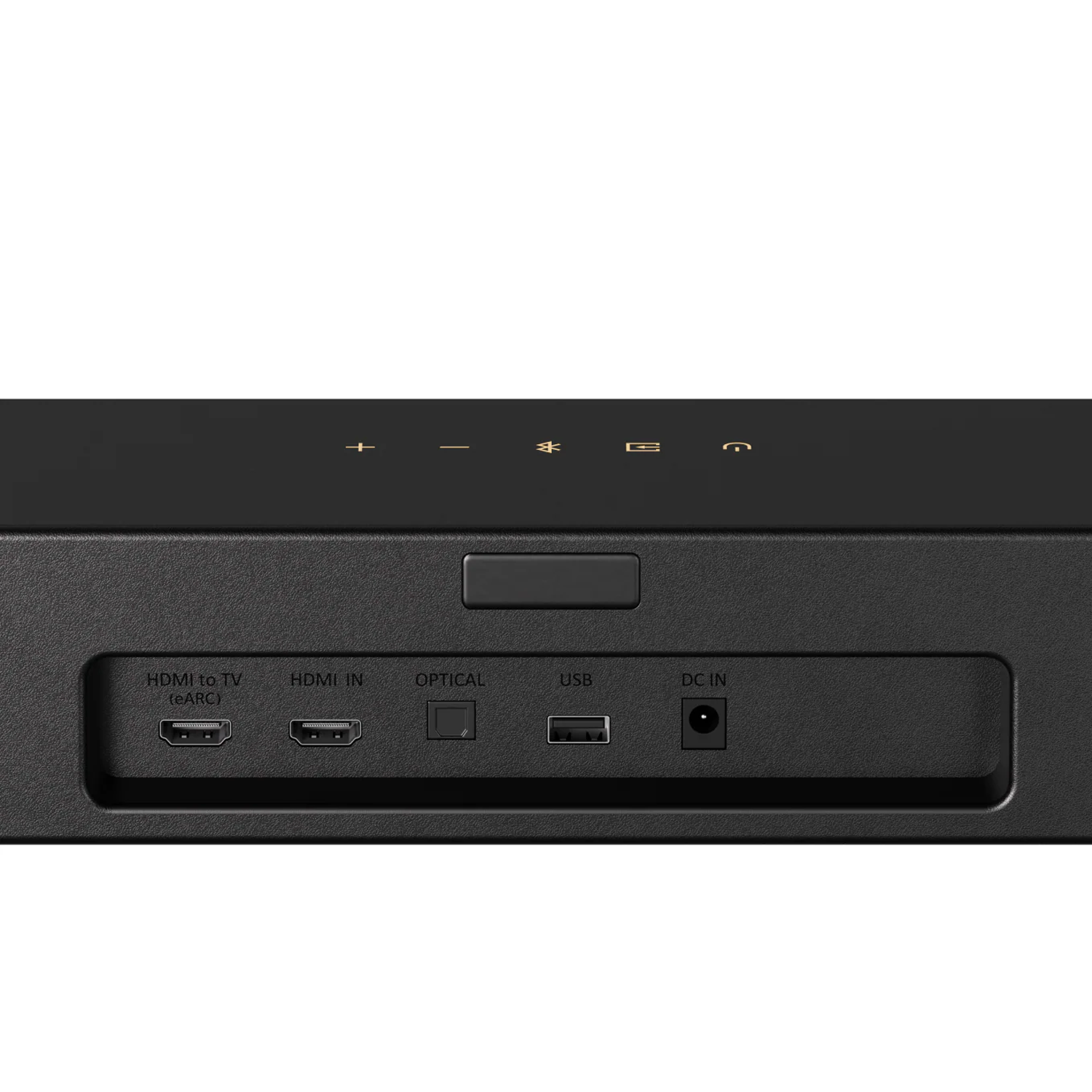 Tył czarnej listwy dźwiękowej z portami: HDMI, OPTICAL, USB, DC IN.