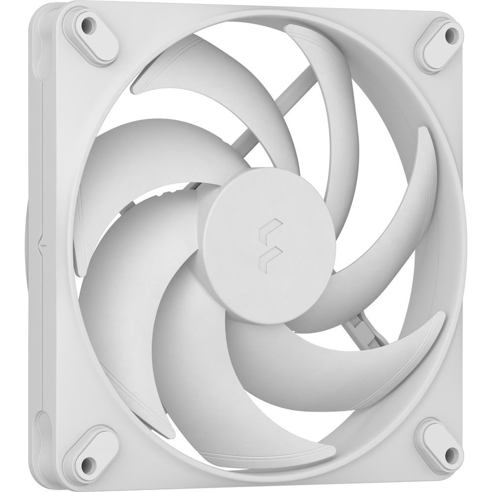 Ein weißer Computerventilator mit geschwungenen Lüfterblättern und einem Logo in der Mitte.