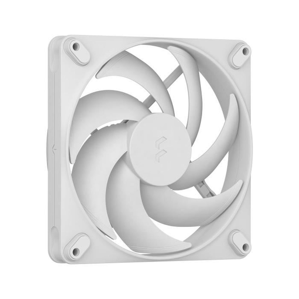Ein weißer Computerlüfter mit geschwungenen Rotorblättern und einem zentralen Logo.