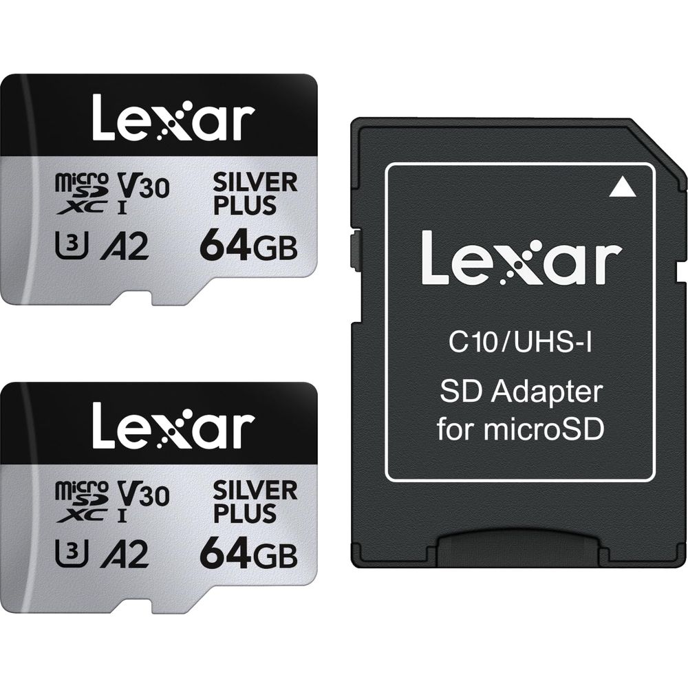 Deux cartes microSD Lexar 64 Go et un adaptateur SD pour microSD.