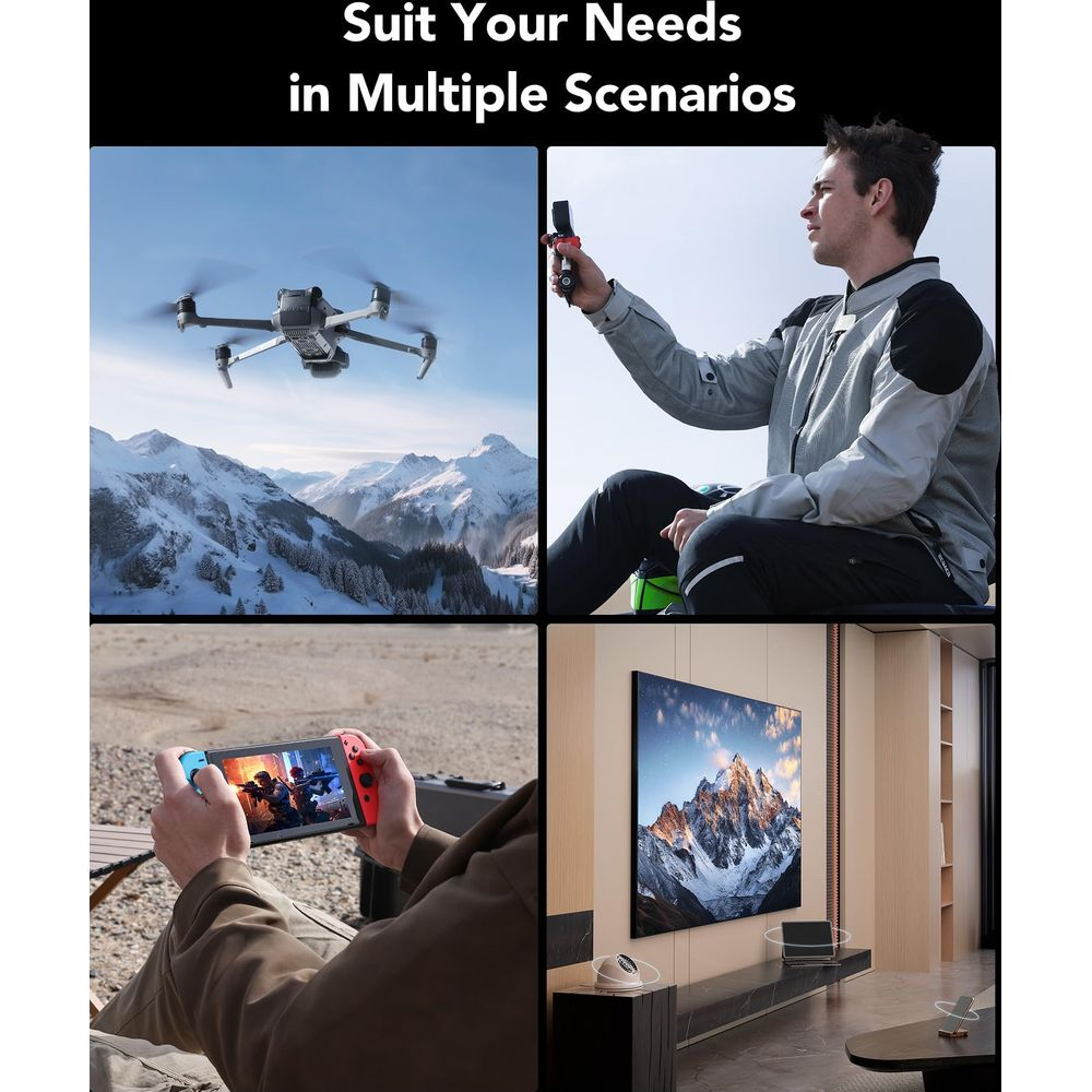 Drone vole au-dessus des montagnes; homme avec caméra; mains tiennent Switch; paysage montagneux sur TV.