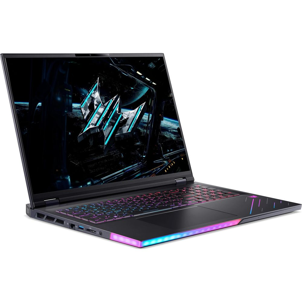 Ein schwarzer Laptop mit leuchtender Tastatur und Unterbodenbeleuchtung.