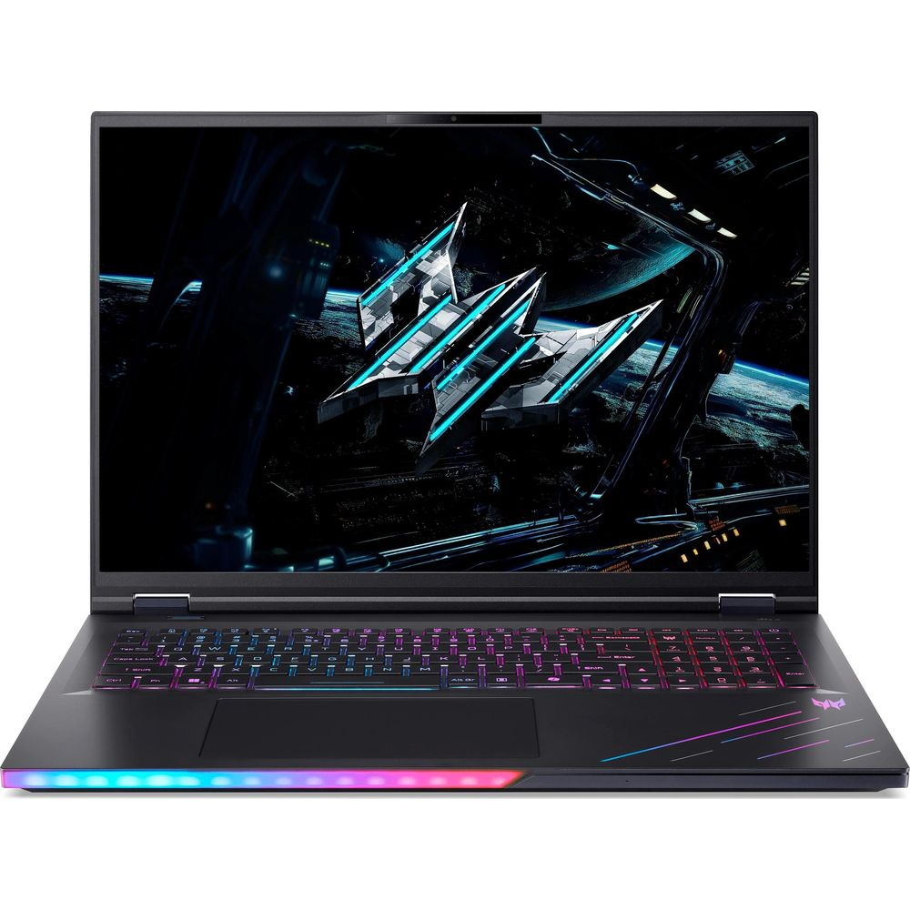 Ein geöffneter Gaming-Laptop mit beleuchteter Tastatur und Predator-Logo.