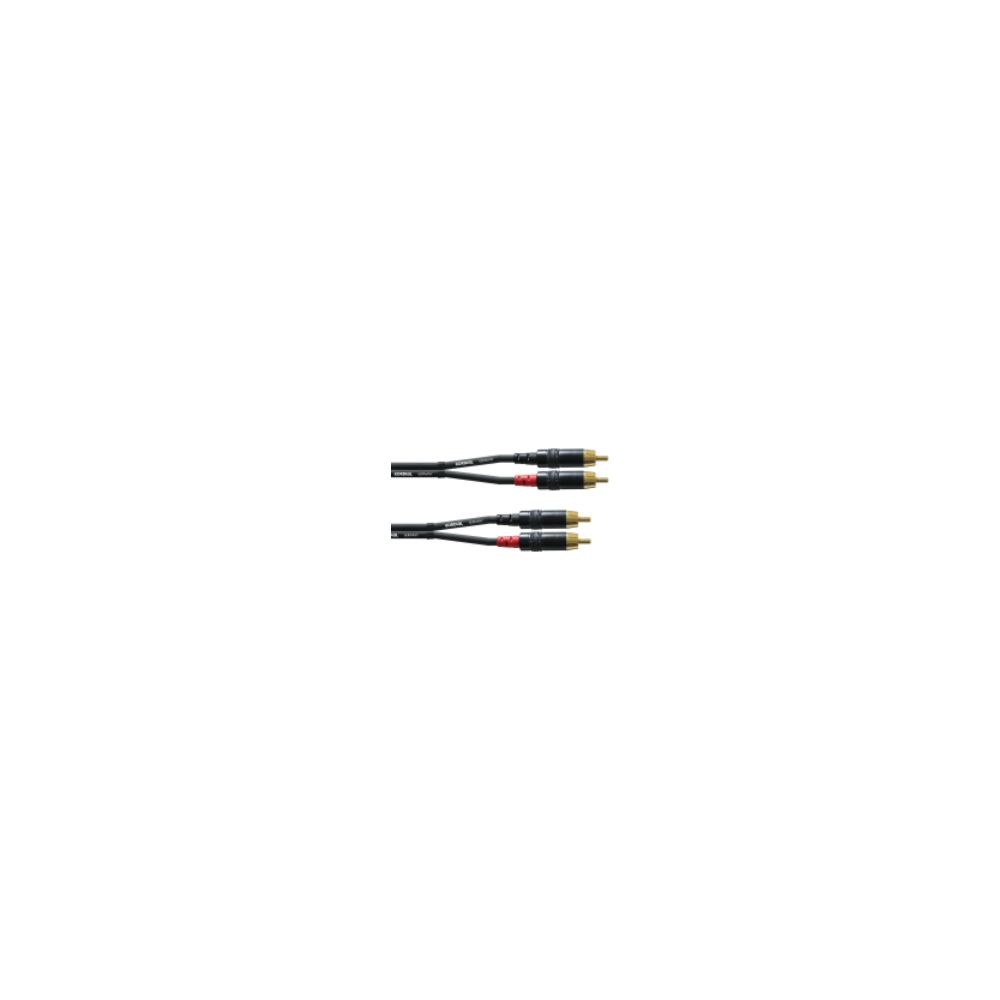 Zwei schwarze Kabel mit vergoldeten RCA-Steckern, rot markiert.