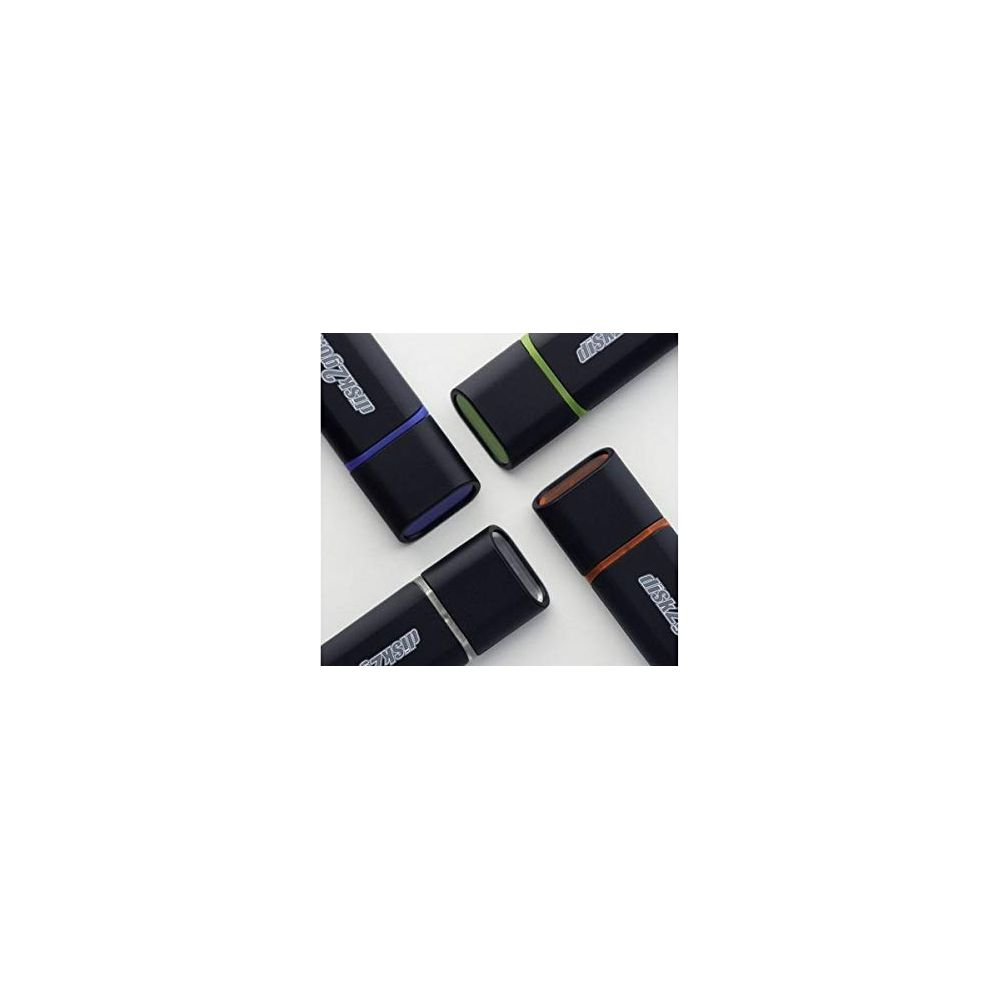Quattro penne nere con anelli colorati: blu, verde, arancione, argento.