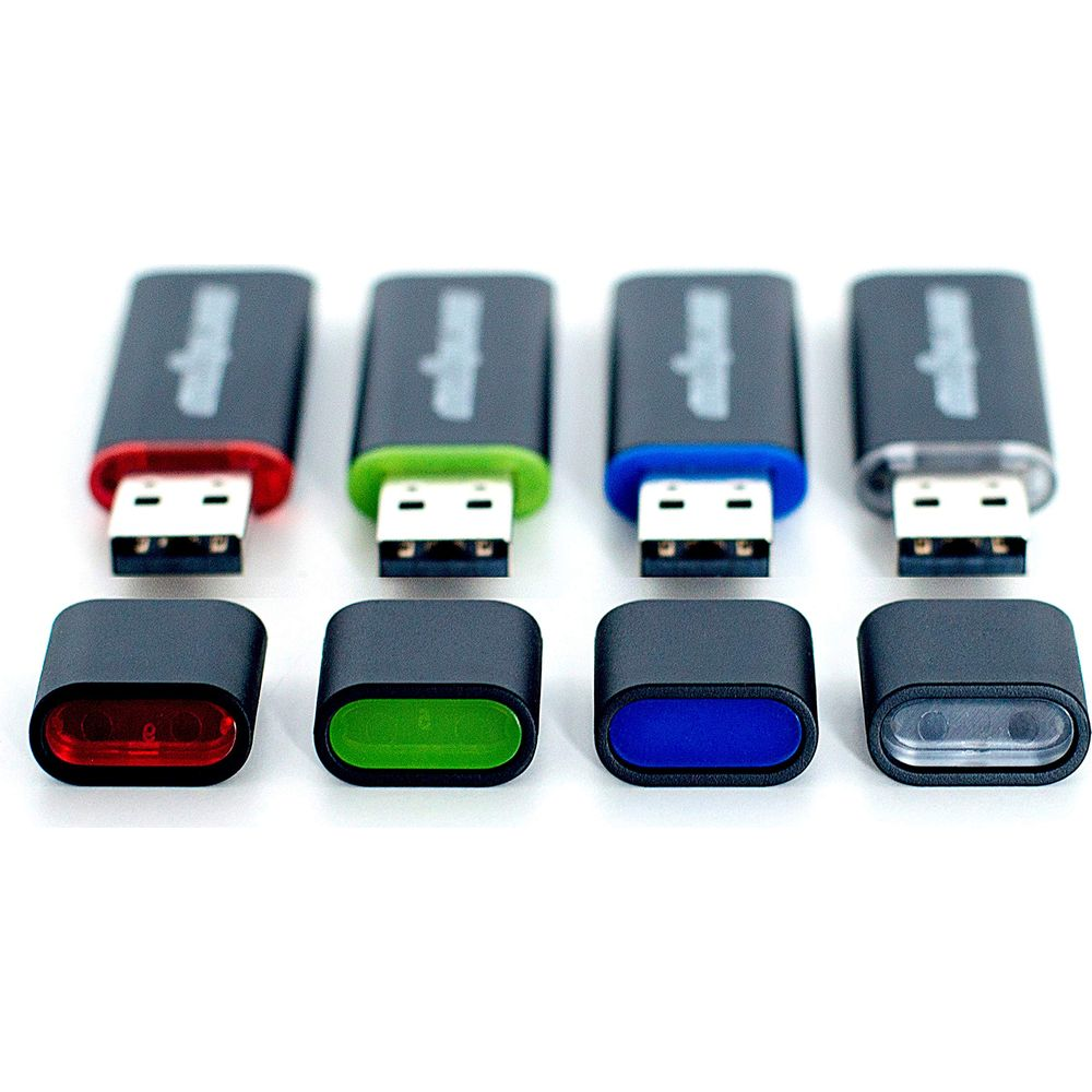 Quattro unità USB con cappucci colorati (rosso, verde, blu, trasparente) e coperture.
