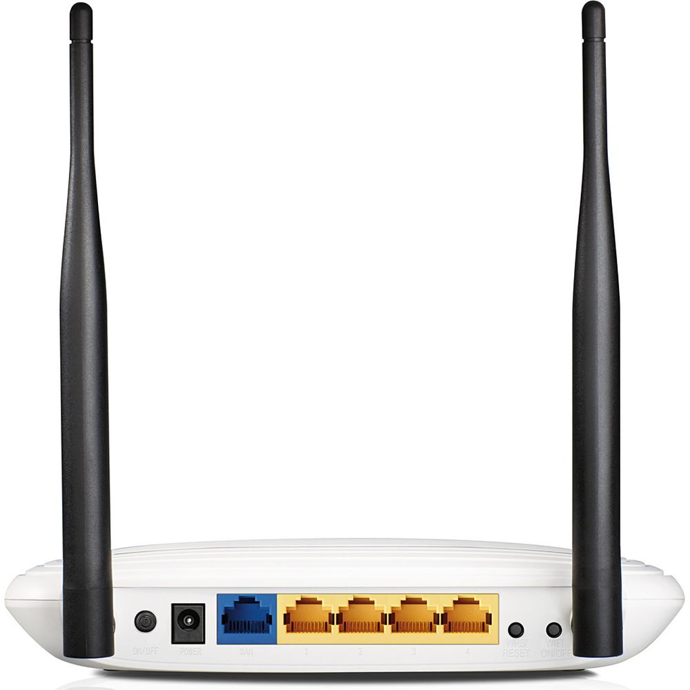 Ein weißer Router mit zwei schwarzen Antennen und Anschlüssen.