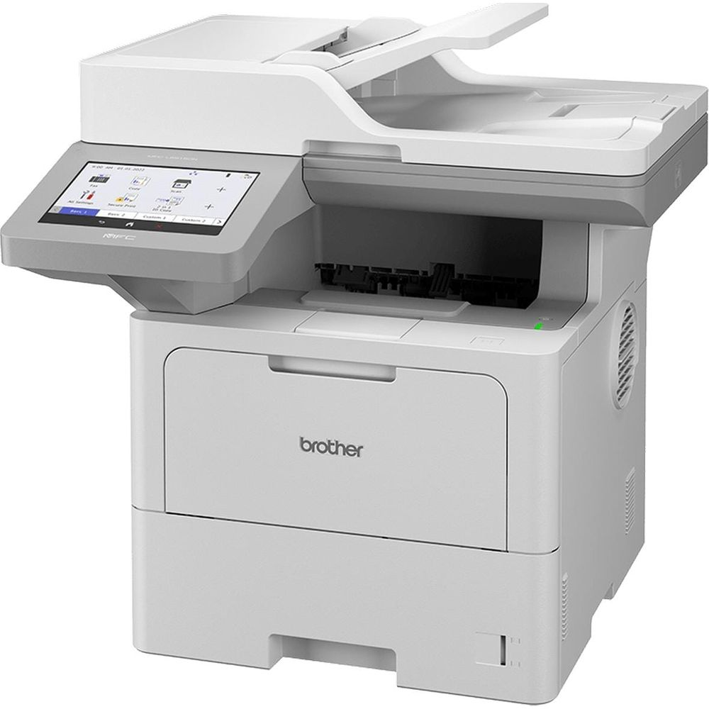 Ein weißer Brother MFC-Drucker mit Touchscreen-Display von vorne rechts.