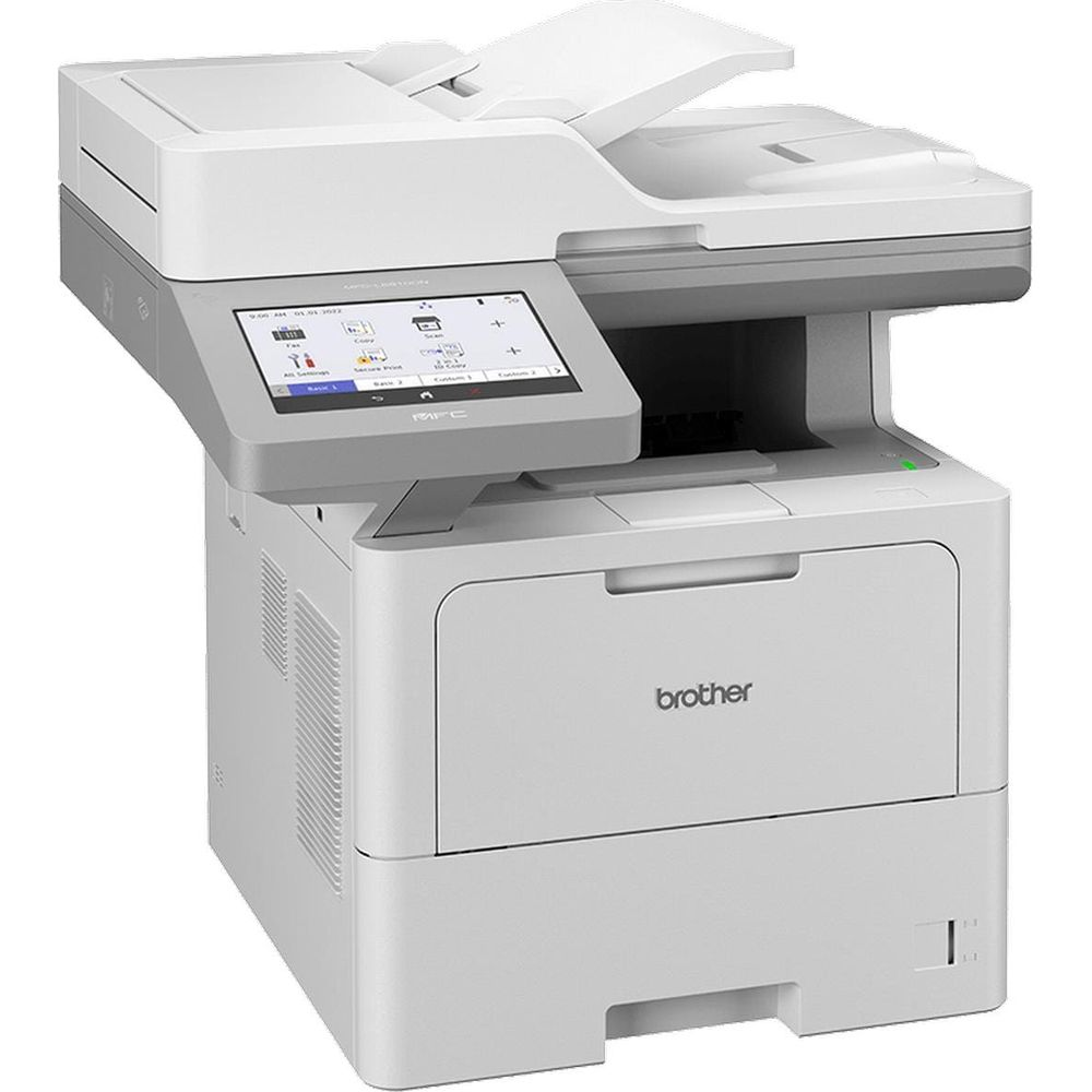 Ein weißer Brother-Drucker mit Touchscreen und geöffnetem Dokumenteneinzug.