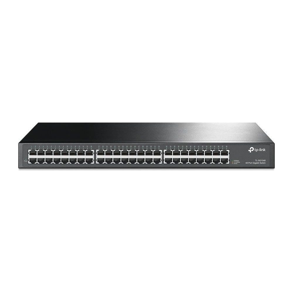 Ein schwarzer TP-Link 48-Port Gigabit Switch mit vielen Anschlüssen vorne.