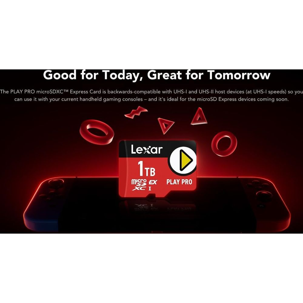 Scheda Lexar 1TB microSDXC Express su controller console giochi con forme rosse astratte fluttuanti.