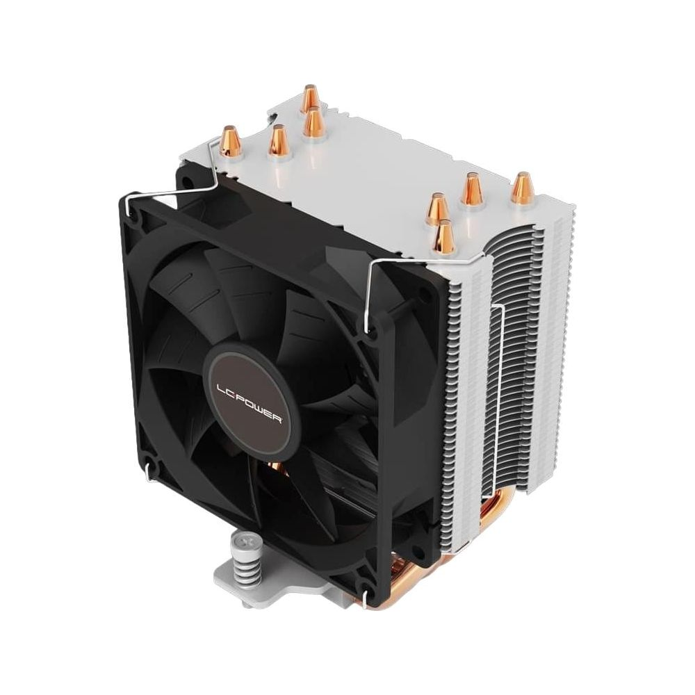 Ein CPU-Kühler mit schwarzem Lüfter, weißen Lamellen und Kupfer-Heatpipes.