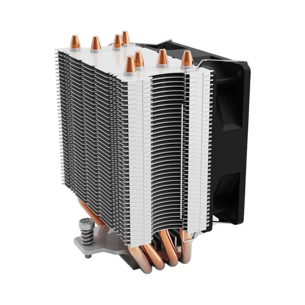 Ein CPU-Kühler mit kupfernen Heatpipes und Aluminiumlamellen.