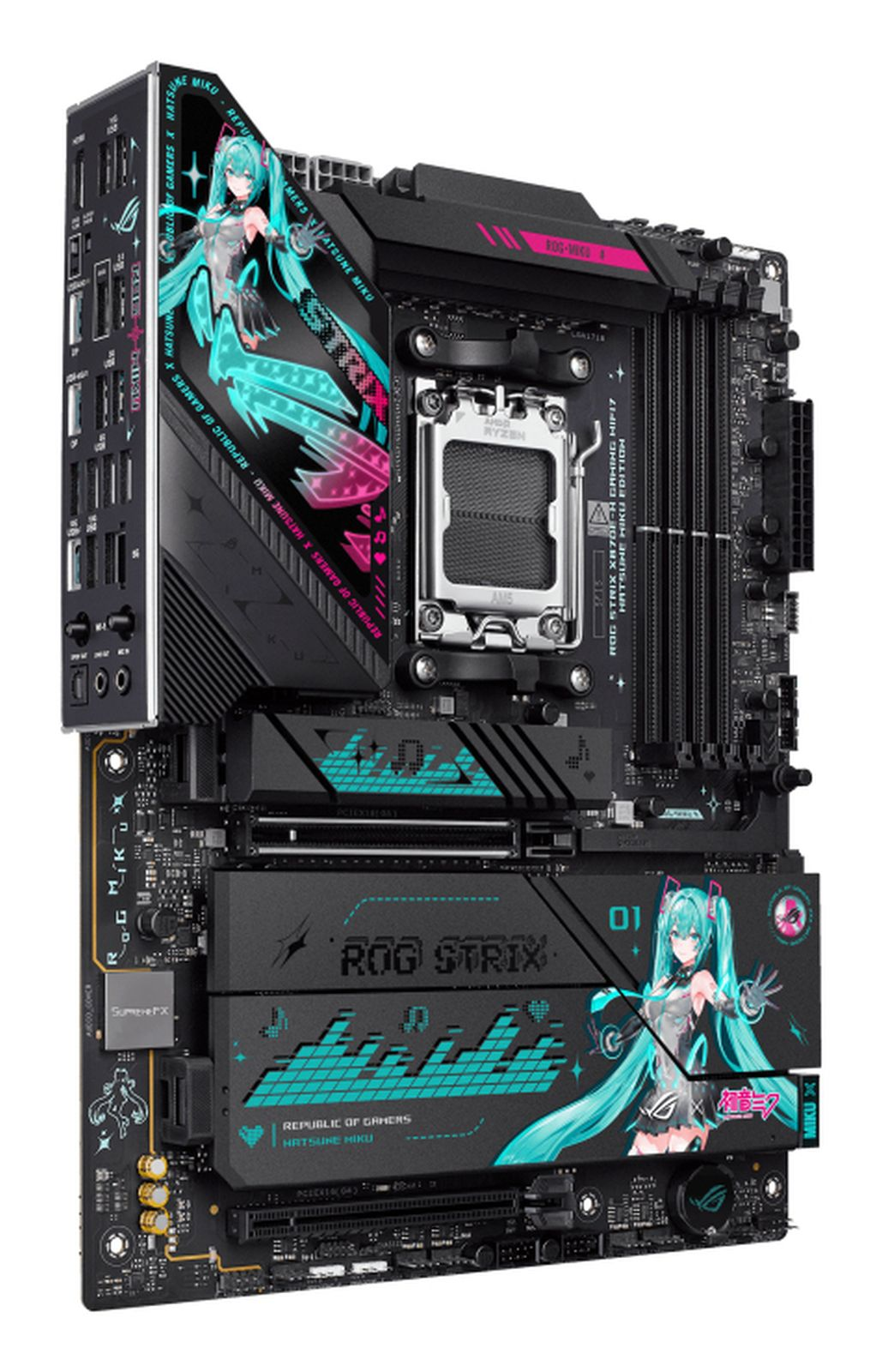 Carte mère noire avec graphismes Hatsune Miku, socket CPU AMD Ryzen et plusieurs ports.
