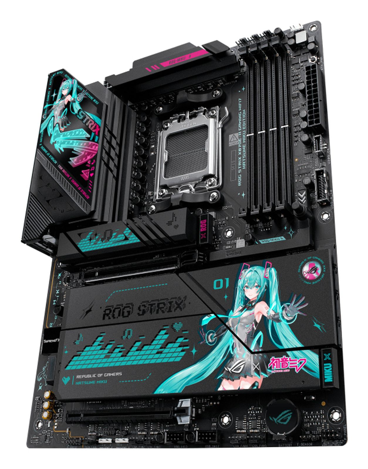 Une carte mère noire avec des graphismes HATSUNE MIKU et des accents bleus.