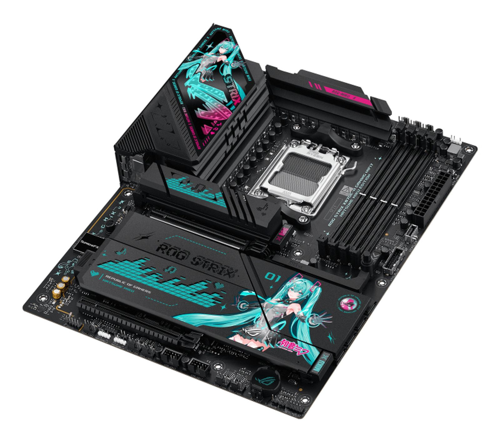 Carte mère noire avec personnage d'anime turquoise et motif de circuit.
