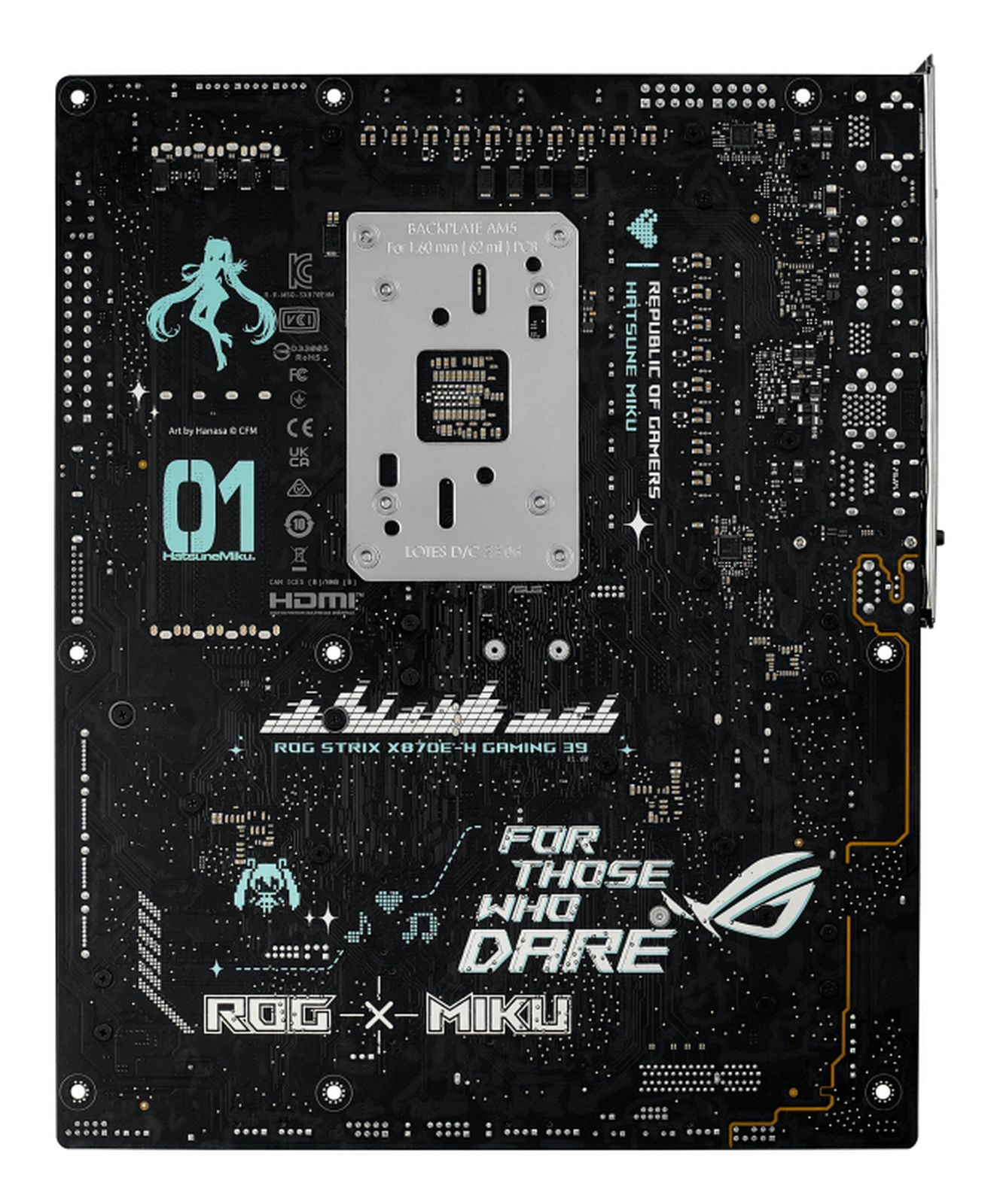 Une carte de circuit imprimé noire avec des illustrations, du texte et des circuits.