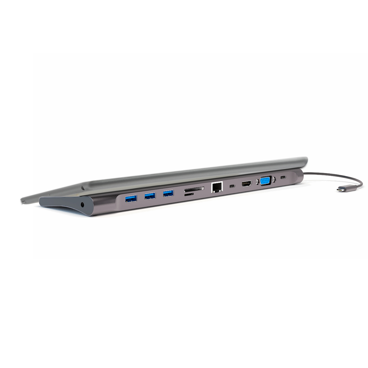 Grauer USB-C-Hub mit vielen Anschlüssen, darunter USB, HDMI und VGA.