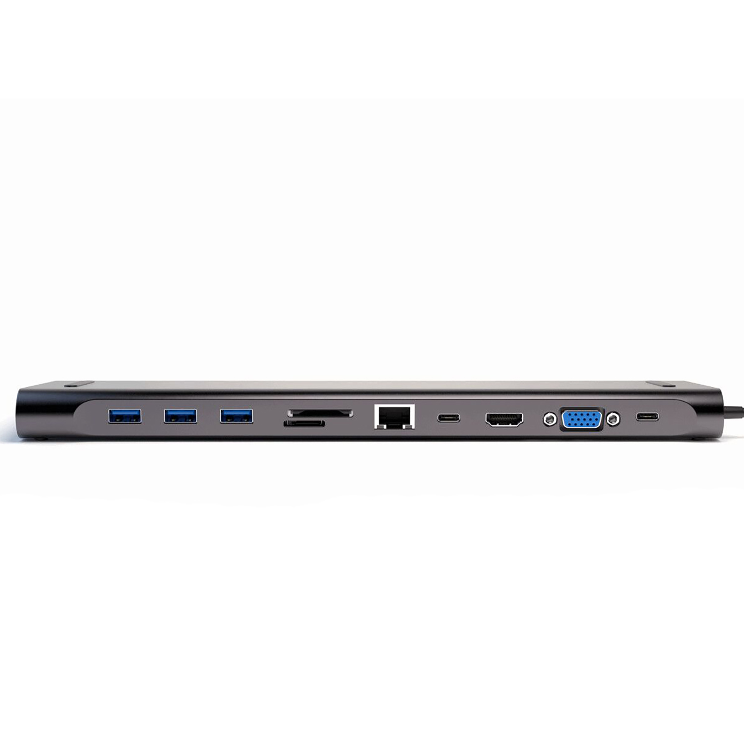 Grauer USB-C-Hub mit USB-, SD-, Ethernet-, HDMI- und VGA-Anschlüssen.