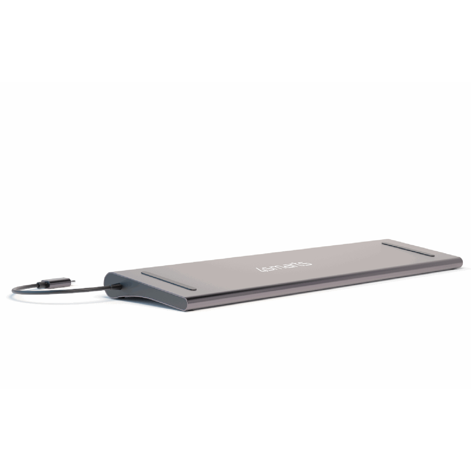 Grauer USB-C Hub mit Kabel, auf weißem Hintergrund.