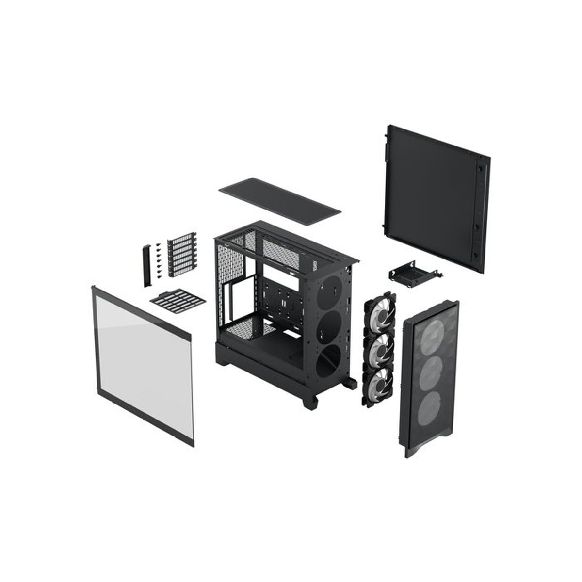 Componentes desmontados de caja de PC negra: chasis, ventiladores, frontal de cristal, tapa, bahía.